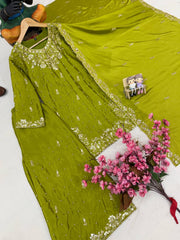 Olive Green Chinon Silk Embroidered Kurti Palazzo Set with Dupatta | Designer Pearl Work Ethnic Suit for Women