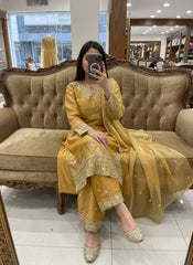 Mustard Yellow GMY Silk Kurti Palazzo Set with Embroidered Dupatta | Pure Tissue Silk Designer Ethnic Suit for Women