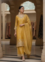 Mustard Yellow GMY Silk Kurti Palazzo Set with Embroidered Dupatta | Pure Tissue Silk Designer Ethnic Suit for Women