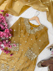 Mustard Yellow GMY Silk Kurti Palazzo Set with Embroidered Dupatta | Pure Tissue Silk Designer Ethnic Suit for Women