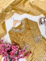 Mustard Yellow GMY Silk Kurti Palazzo Set with Embroidered Dupatta | Pure Tissue Silk Designer Ethnic Suit for Women