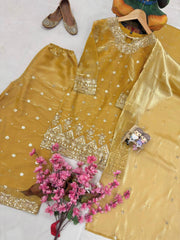 Mustard Yellow GMY Silk Kurti Palazzo Set with Embroidered Dupatta | Pure Tissue Silk Designer Ethnic Suit for Women