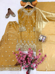 Mustard Yellow GMY Silk Kurti Palazzo Set with Embroidered Dupatta | Pure Tissue Silk Designer Ethnic Suit for Women