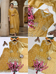 Mustard Yellow GMY Silk Kurti Palazzo Set with Embroidered Dupatta | Pure Tissue Silk Designer Ethnic Suit for Women