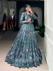 Teal Green & Purple Printed Tasar Silk Lehenga Choli with Designer Jacket | Premium Festive Ethnic Lehenga Set for Women