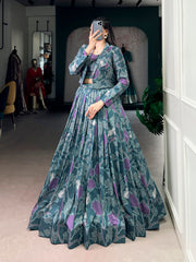 Teal Green & Purple Printed Tasar Silk Lehenga Choli with Designer Jacket | Premium Festive Ethnic Lehenga Set for Women