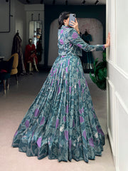Teal Green & Purple Printed Tasar Silk Lehenga Choli with Designer Jacket | Premium Festive Ethnic Lehenga Set for Women