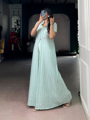 Mint Green Indo-Fusion Co-Ord Set with Long Overlay Shrug | Premium Orchid & N.V Texmar Designer Fusion Wear for Women