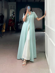 Mint Green Indo-Fusion Co-Ord Set with Long Overlay Shrug | Premium Orchid & N.V Texmar Designer Fusion Wear for Women