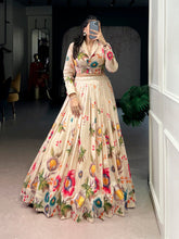 Cream Floral Printed Tasar Silk Lehenga Choli Set for Women | Designer Wedding & Festive Wear
