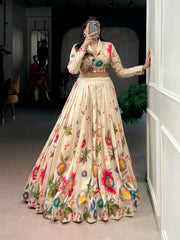 Cream Floral Printed Tasar Silk Lehenga Choli Set for Women | Designer Wedding & Festive Wear