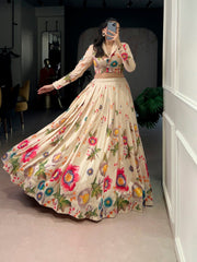 Cream Floral Printed Tasar Silk Lehenga Choli Set for Women | Designer Wedding & Festive Wear