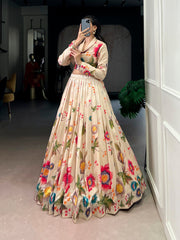 Cream Floral Printed Tasar Silk Lehenga Choli Set for Women | Designer Wedding & Festive Wear