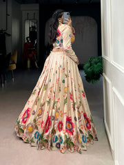 Cream Floral Printed Tasar Silk Lehenga Choli Set for Women | Designer Wedding & Festive Wear