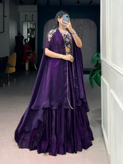 Purple Fendi Silk Lehenga Set with Embroidered Shrug | Designer Party Wear Lehenga for Women