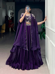 Purple Fendi Silk Lehenga Set with Embroidered Shrug | Designer Party Wear Lehenga for Women