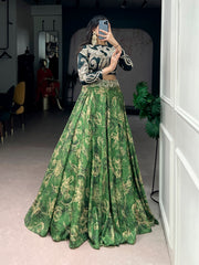 Wine & Emerald Printed Tasar Silk Lehenga with Embroidered Naysha Silk Blouse | Designer Party Wear Lehenga for Women