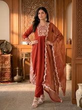 Rust Embroidered Maska Cotton Suit Set with Gold Coin Dupatta | Designer Festive Wear Salwar Suit for Women