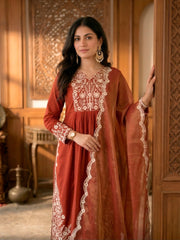 Rust Embroidered Maska Cotton Suit Set with Gold Coin Dupatta | Designer Festive Wear Salwar Suit for Women