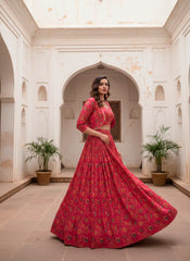 Pink Floral Printed Tasar Silk Lehenga with Designer Koti & Stitched Blouse | Elegant Festive & Wedding Wear Lehenga for Women