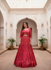 Pink Floral Printed Tasar Silk Lehenga with Designer Koti & Stitched Blouse | Elegant Festive & Wedding Wear Lehenga for Women