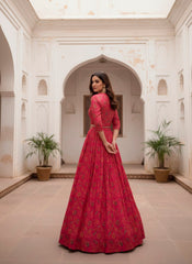 Pink Floral Printed Tasar Silk Lehenga with Designer Koti & Stitched Blouse | Elegant Festive & Wedding Wear Lehenga for Women