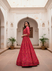 Pink Floral Printed Tasar Silk Lehenga with Designer Koti & Stitched Blouse | Elegant Festive & Wedding Wear Lehenga for Women