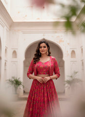 Pink Floral Printed Tasar Silk Lehenga with Designer Koti & Stitched Blouse | Elegant Festive & Wedding Wear Lehenga for Women