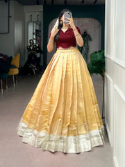 Traditional Onam Kanchipuram Silk Pavada Set with Natural Satin Silk Blouse | Kerala Festive Lehenga for Women