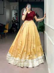 Traditional Onam Kanchipuram Silk Pavada Set with Natural Satin Silk Blouse | Kerala Festive Lehenga for Women