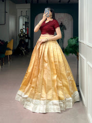 Traditional Onam Kanchipuram Silk Pavada Set with Natural Satin Silk Blouse | Kerala Festive Lehenga for Women