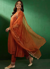 Rust Embroidered Vichitra Silk Kurta Pant Set with Embroidered Dupatta | Designer Festive Ethnic Wear for Women
