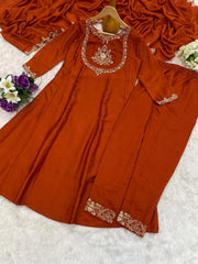 Rust Embroidered Vichitra Silk Kurta Pant Set with Embroidered Dupatta | Designer Festive Ethnic Wear for Women