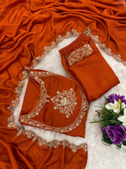 Rust Embroidered Vichitra Silk Kurta Pant Set with Embroidered Dupatta | Designer Festive Ethnic Wear for Women