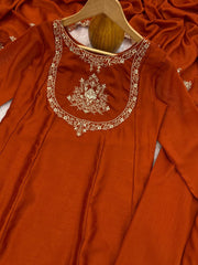Rust Embroidered Vichitra Silk Kurta Pant Set with Embroidered Dupatta | Designer Festive Ethnic Wear for Women