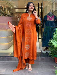 Premium Rayon Slub Embroidered Suit Set with Chanderi Silk Dupatta | Designer Ethnic Wear for Women