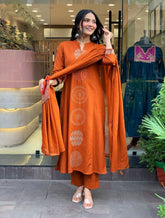 Premium Rayon Slub Embroidered Suit Set with Chanderi Silk Dupatta | Designer Ethnic Wear for Women