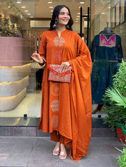 Premium Rayon Slub Embroidered Suit Set with Chanderi Silk Dupatta | Designer Ethnic Wear for Women