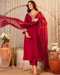 Premium Roman Silk Embroidered Suit Set with Organza Dupatta | Designer Ethnic Wear for Women