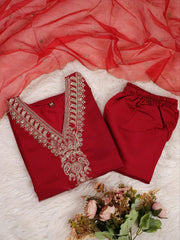 Premium Roman Silk Embroidered Suit Set with Organza Dupatta | Designer Ethnic Wear for Women