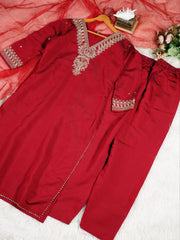 Premium Roman Silk Embroidered Suit Set with Organza Dupatta | Designer Ethnic Wear for Women
