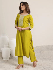 Lime Green Rayon Slub Embroidered Suit Set with Amrai Silk Dupatta | Designer Ethnic Wear for Women