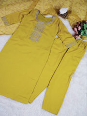 Lime Green Rayon Slub Embroidered Suit Set with Amrai Silk Dupatta | Designer Ethnic Wear for Women