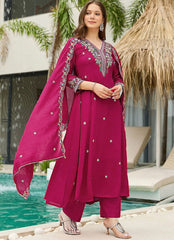Premium Magenta Vichhitra Silk Embroidered Suit Set with Embroidered Vichhitra Silk Dupatta | Designer Ethnic Wear for Women