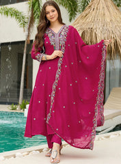 Premium Magenta Vichhitra Silk Embroidered Suit Set with Embroidered Vichhitra Silk Dupatta | Designer Ethnic Wear for Women