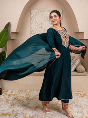 Premium Teal Blue Embroidered Vichhitra Silk Suit Set with Matching Dupatta | Designer Ethnic Wear for Women