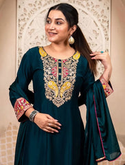 Premium Teal Blue Embroidered Vichhitra Silk Suit Set with Matching Dupatta | Designer Ethnic Wear for Women
