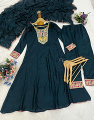 Premium Teal Blue Embroidered Vichhitra Silk Suit Set with Matching Dupatta | Designer Ethnic Wear for Women