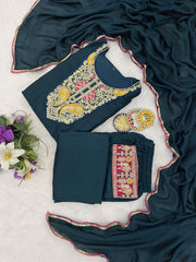 Premium Teal Blue Embroidered Vichhitra Silk Suit Set with Matching Dupatta | Designer Ethnic Wear for Women