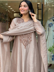 Premium Beige Roman Silk Embroidered Suit Set with Chanderi Silk Dupatta | Designer Ethnic Wear for Women